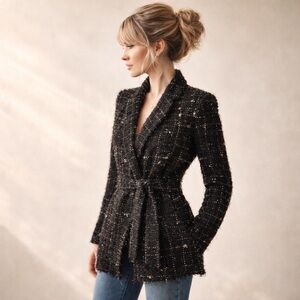 IRO Paris French Girl Tweed Belted Jacket Fringe Texture Grid Fleck Knit M